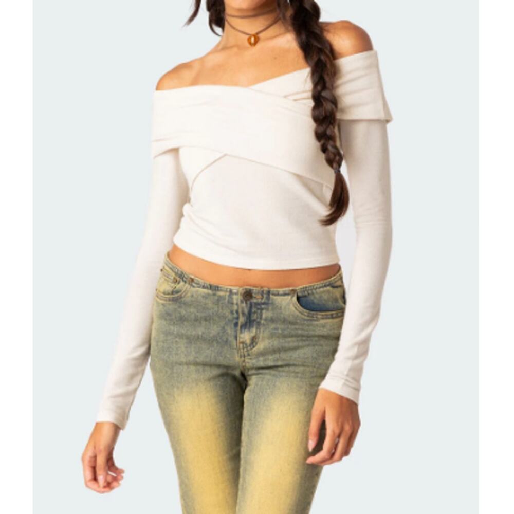 * New ~ EDIKTED ~Women's Cream Crossover Off Shoulder Top Size S